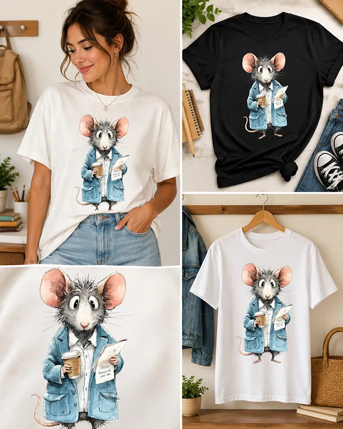 Hand-drawn black and white rat t-shirt — Business Rat Tee — view 4