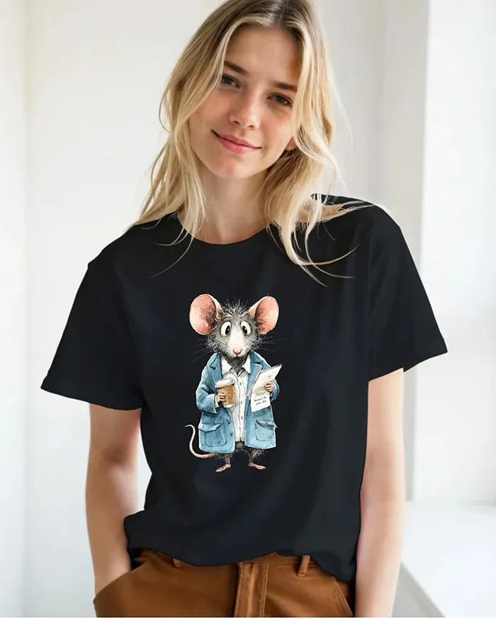 Hand-drawn black and white rat t-shirt — Business Rat Tee — view 8