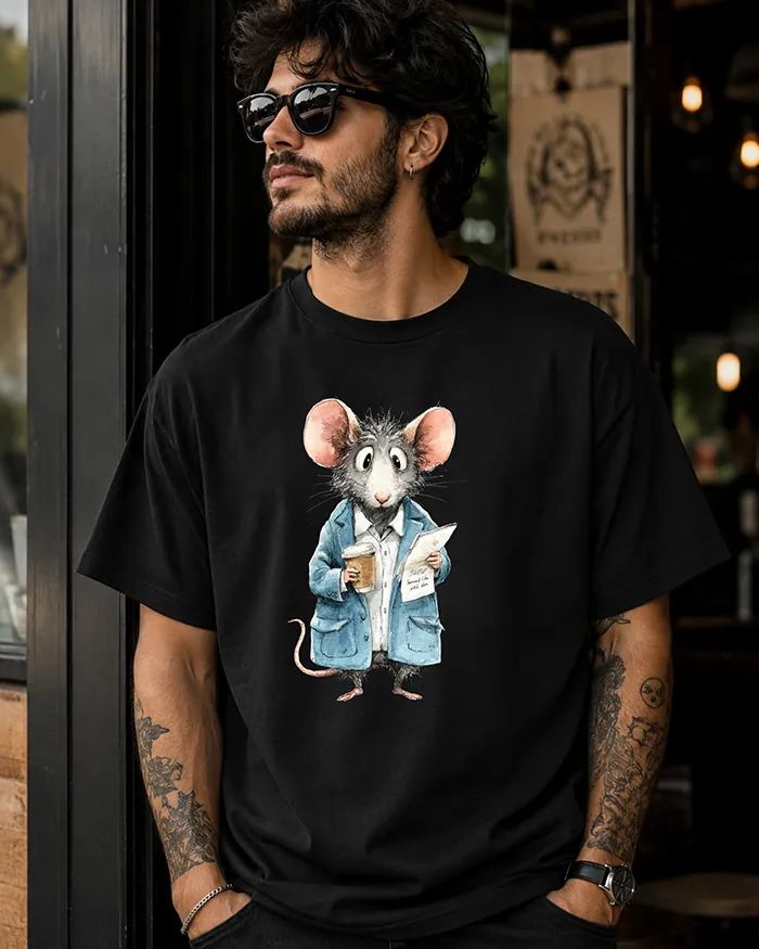 Hand-drawn black and white rat t-shirt — Business Rat Tee — view 9