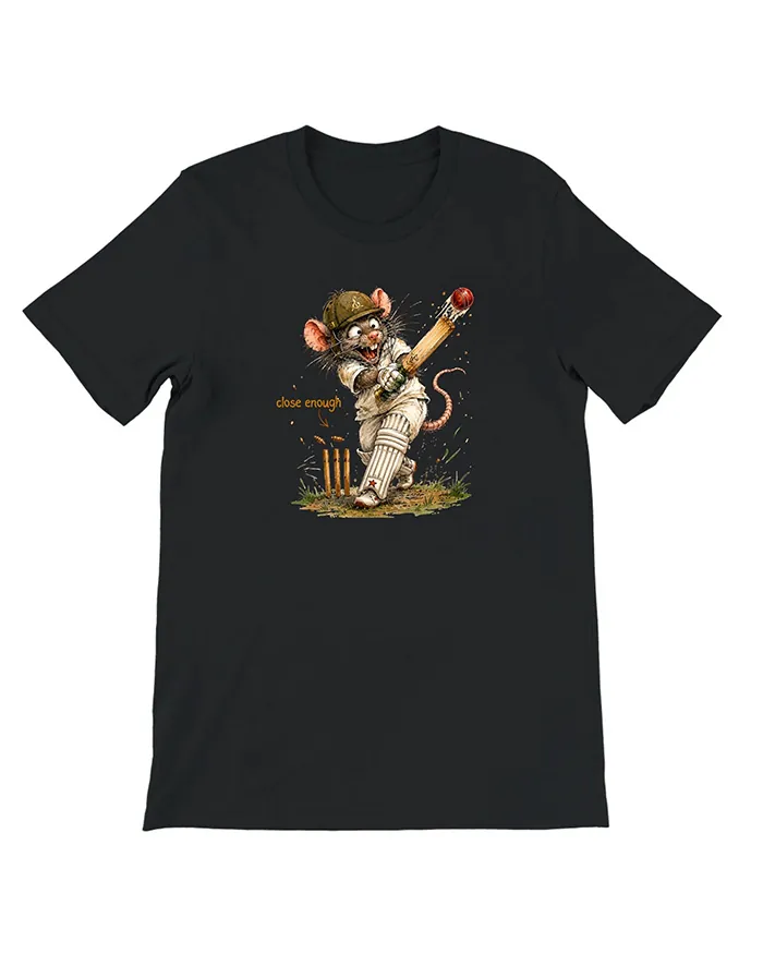 Hand-drawn black and white rat t-shirt — "Close Enough" Cricket Rat Tee — view 10