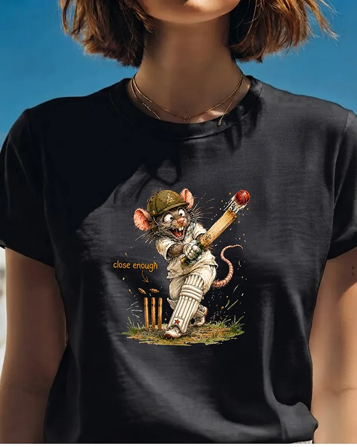 Hand-drawn black and white rat t-shirt — "Close Enough" Cricket Rat Tee — view 2