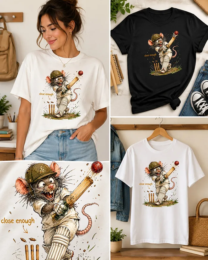 Hand-drawn black and white rat t-shirt — "Close Enough" Cricket Rat Tee — view 3