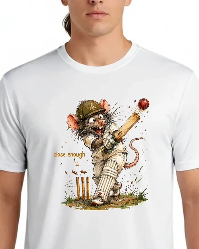 Hand-drawn black and white rat t-shirt — "Close Enough" Cricket Rat Tee — view 4