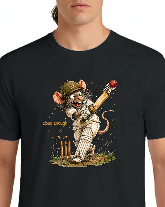 Hand-drawn black and white rat t-shirt — "Close Enough" Cricket Rat Tee — view 5