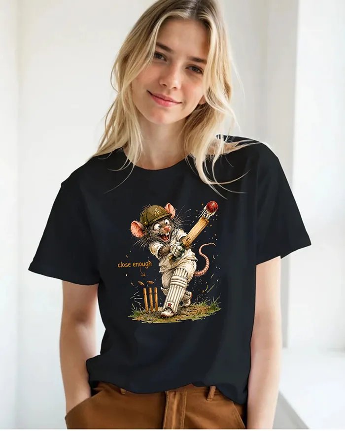 Hand-drawn black and white rat t-shirt — "Close Enough" Cricket Rat Tee — view 6