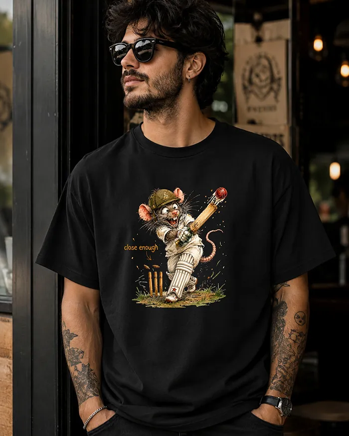 Hand-drawn black and white rat t-shirt — "Close Enough" Cricket Rat Tee — view 8
