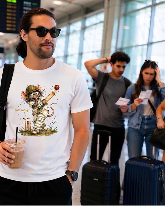 Hand-drawn black and white rat t-shirt — "Close Enough" Cricket Rat Tee — view 9