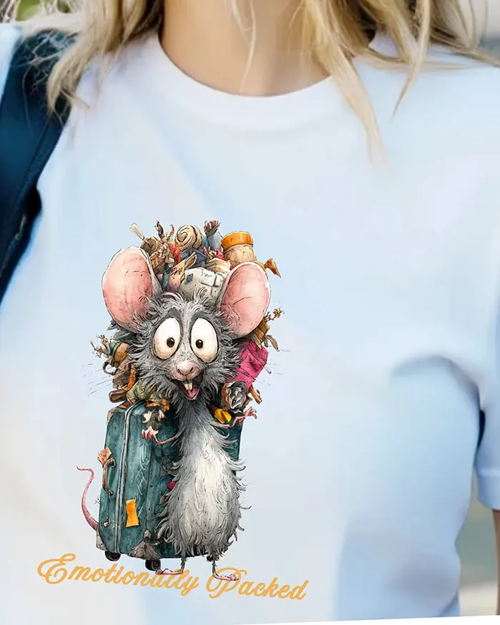Hand-drawn black and white rat t-shirt — "Emotionally Packed" Rat Tee — Silly Rat Collection