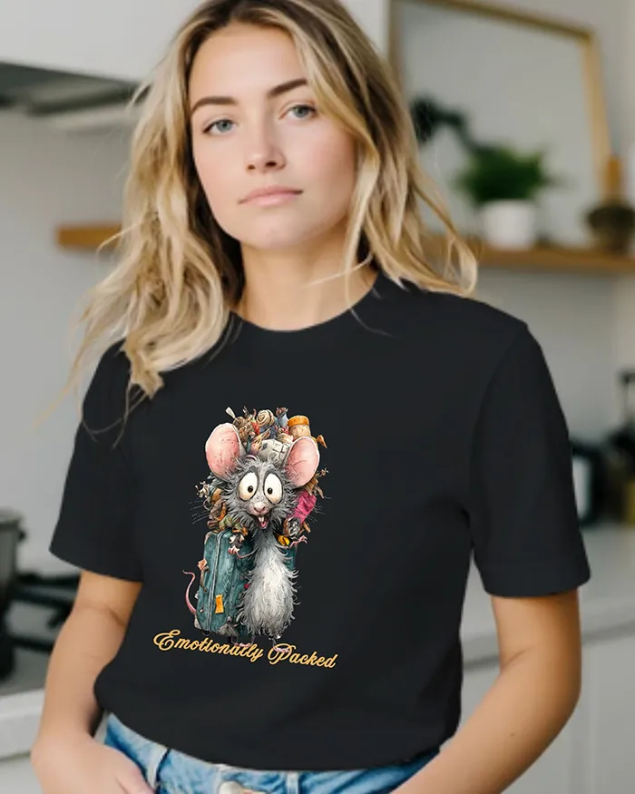 Hand-drawn black and white rat t-shirt β "Emotionally Packed" Rat Tee β view 2