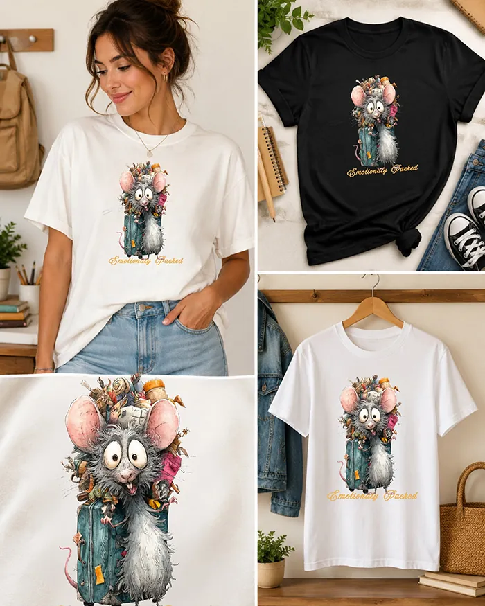 Hand-drawn black and white rat t-shirt β "Emotionally Packed" Rat Tee β view 4