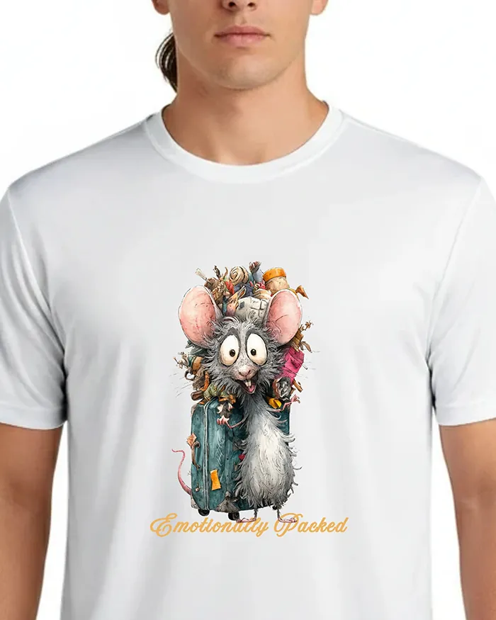 Hand-drawn black and white rat t-shirt β "Emotionally Packed" Rat Tee β view 5