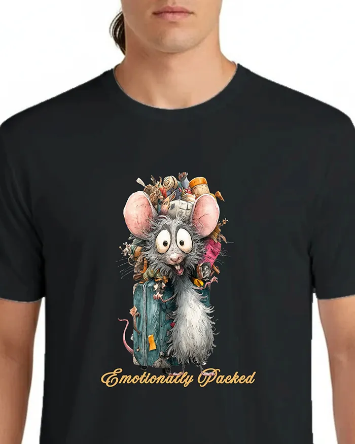 Hand-drawn black and white rat t-shirt β "Emotionally Packed" Rat Tee β view 6