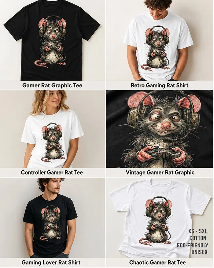 Hand-drawn black and white rat t-shirt β Gamer Rat Tee β Silly Rat Collection