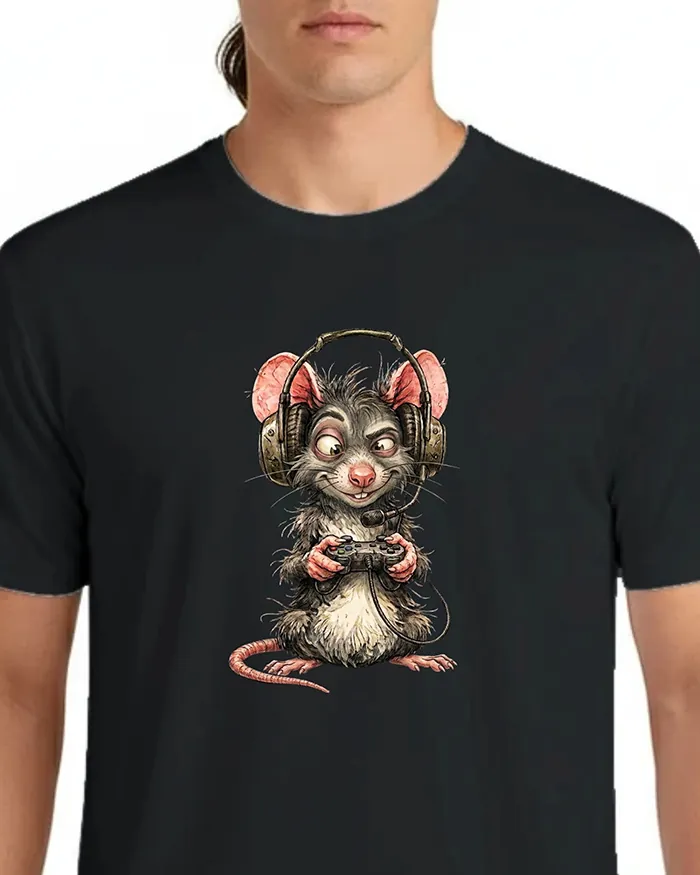 Hand-drawn black and white rat t-shirt β Gamer Rat Tee β view 5