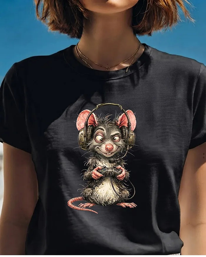 Hand-drawn black and white rat t-shirt β Gamer Rat Tee β view 9