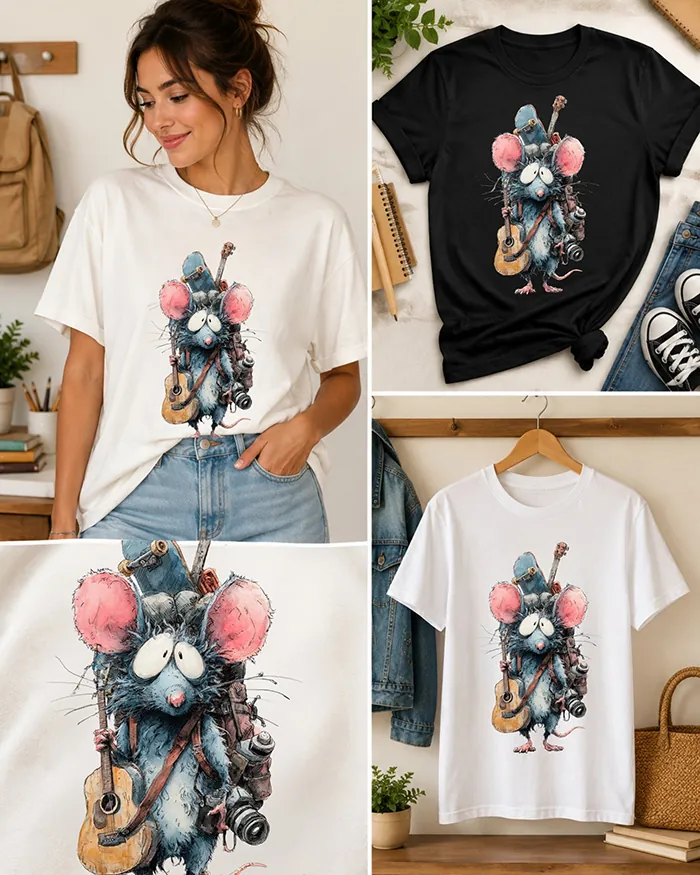 Hand-drawn black and white rat t-shirt β Traveling Hobbies Rat Tee β view 4