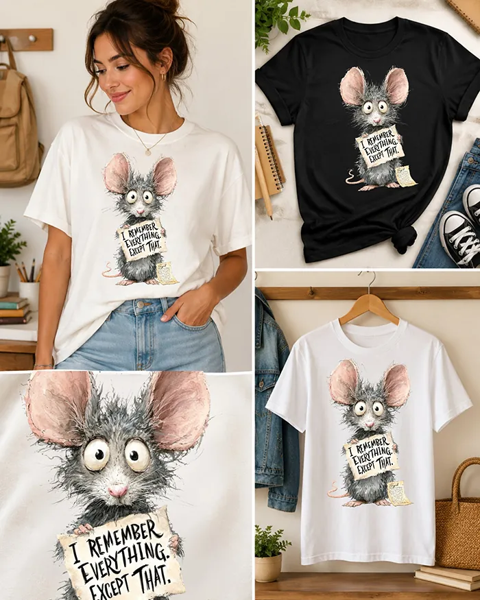 Hand-drawn black and white rat t-shirt — "I Remember Everything. Except That." Rat Tee — view 10
