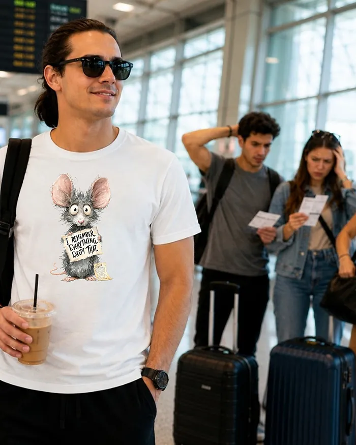 Hand-drawn black and white rat t-shirt — "I Remember Everything. Except That." Rat Tee — view 2