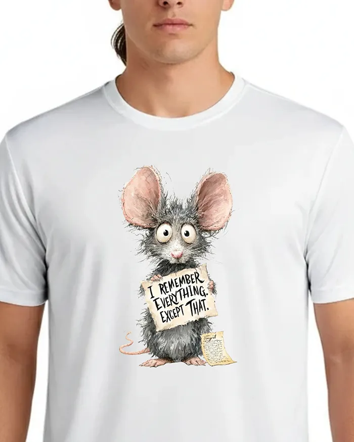 Hand-drawn black and white rat t-shirt — "I Remember Everything. Except That." Rat Tee — view 3
