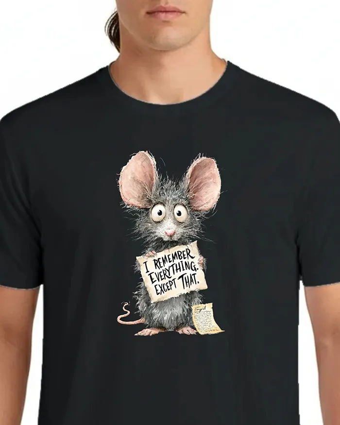 Hand-drawn black and white rat t-shirt — "I Remember Everything. Except That." Rat Tee — view 4