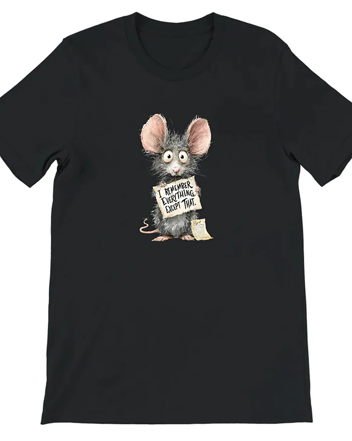 Hand-drawn black and white rat t-shirt — "I Remember Everything. Except That." Rat Tee — view 5