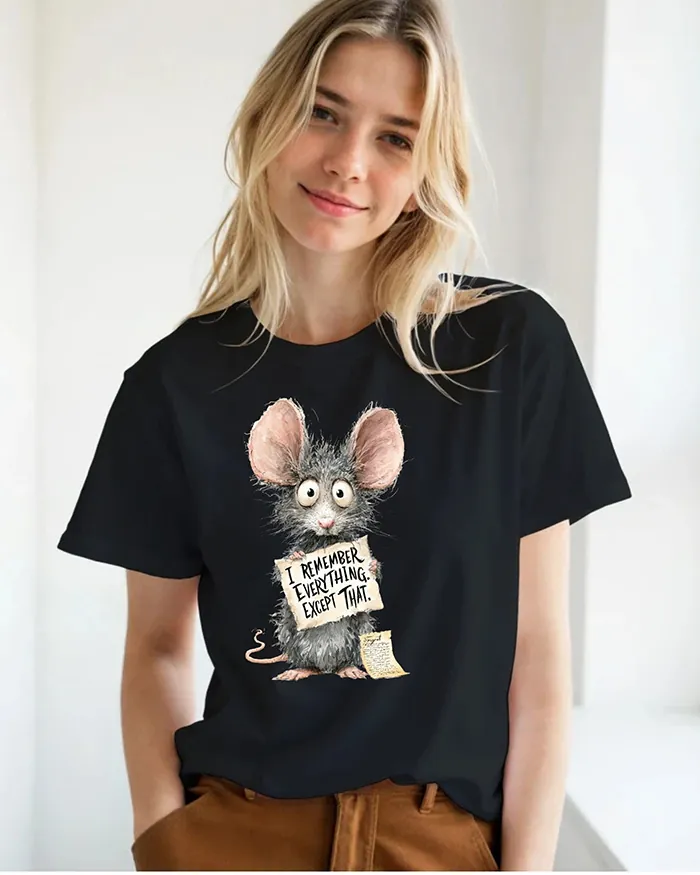 Hand-drawn black and white rat t-shirt — "I Remember Everything. Except That." Rat Tee — view 6