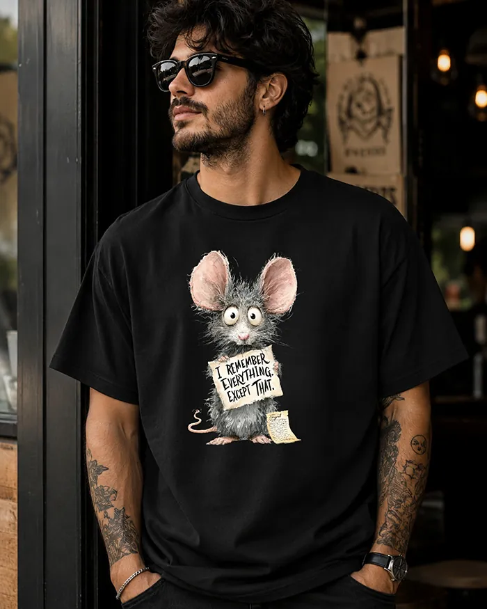 Hand-drawn black and white rat t-shirt — "I Remember Everything. Except That." Rat Tee — view 7