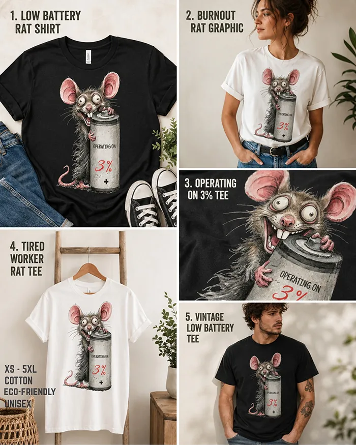 Hand-drawn black and white rat t-shirt — "Operating on 3%" Low Battery Rat Tee — Silly Rat Collection