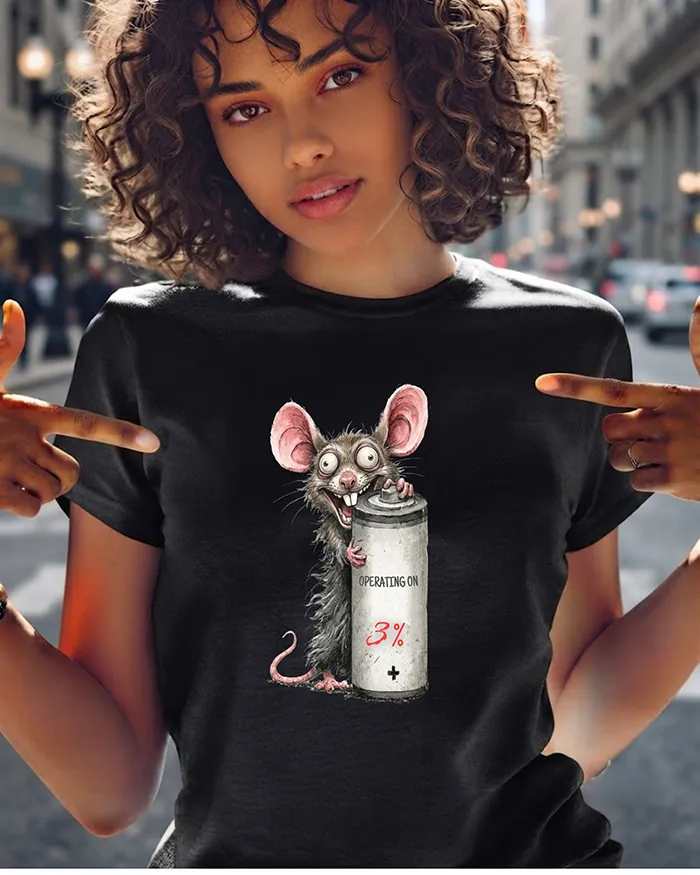 Hand-drawn black and white rat t-shirt — "Operating on 3%" Low Battery Rat Tee — view 2