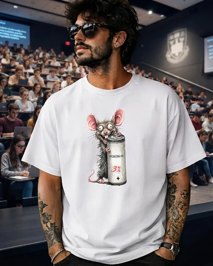 Hand-drawn black and white rat t-shirt — "Operating on 3%" Low Battery Rat Tee — view 4