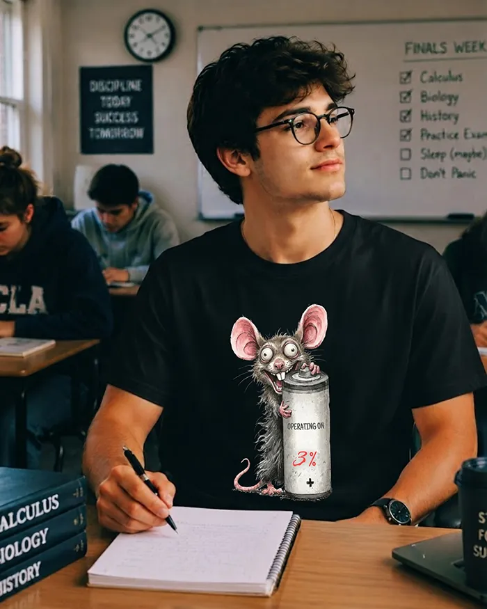 Hand-drawn black and white rat t-shirt — "Operating on 3%" Low Battery Rat Tee — view 5