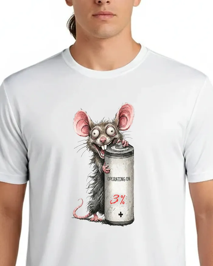Hand-drawn black and white rat t-shirt — "Operating on 3%" Low Battery Rat Tee — view 7