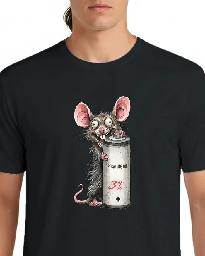 Hand-drawn black and white rat t-shirt — "Operating on 3%" Low Battery Rat Tee — view 8