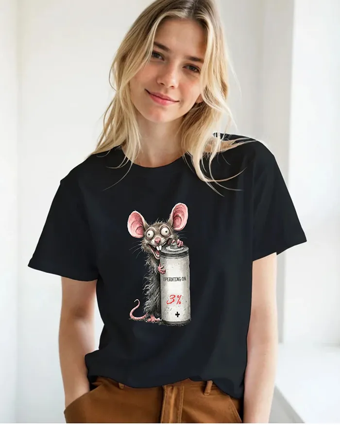 Hand-drawn black and white rat t-shirt — "Operating on 3%" Low Battery Rat Tee — view 9