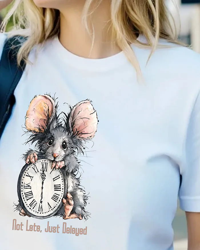 Hand-drawn black and white rat t-shirt — "Not Late, Just Delayed" Rat Tee — Silly Rat Collection