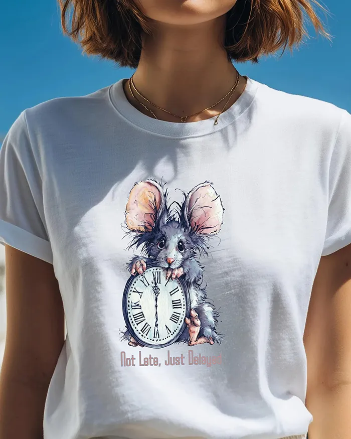 Hand-drawn black and white rat t-shirt β "Not Late, Just Delayed" Rat Tee β view 3