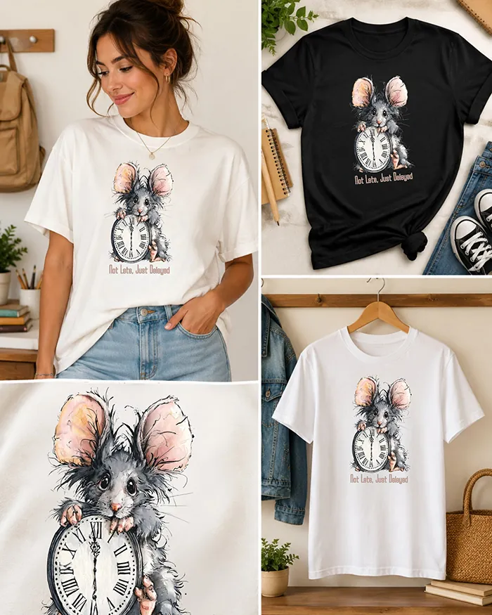 Hand-drawn black and white rat t-shirt β "Not Late, Just Delayed" Rat Tee β view 4