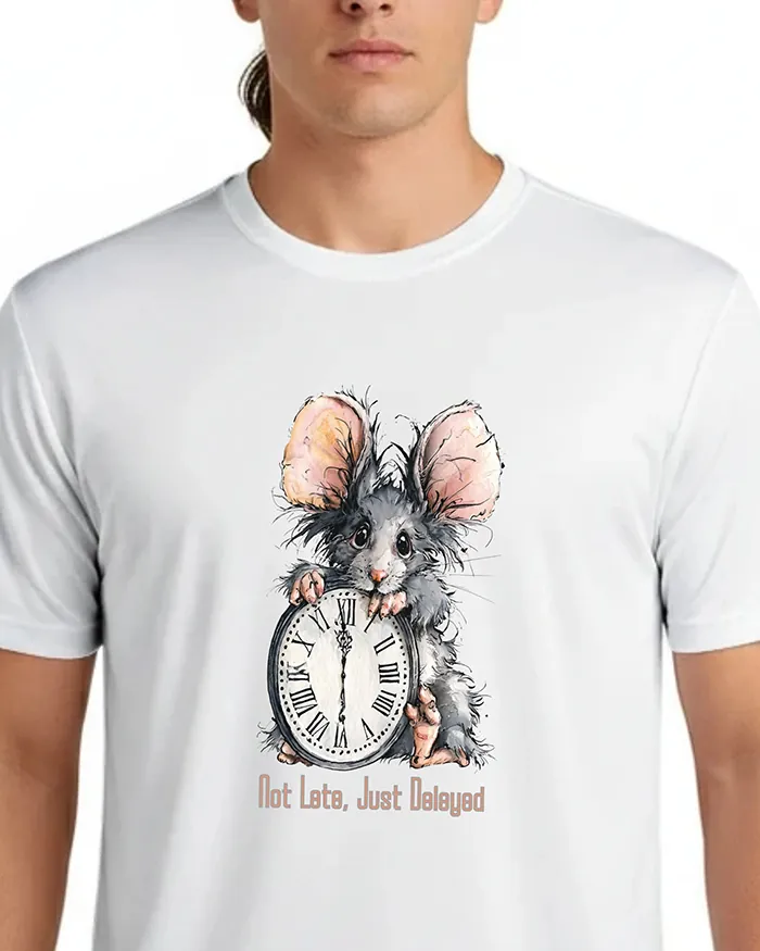 Hand-drawn black and white rat t-shirt β "Not Late, Just Delayed" Rat Tee β view 5