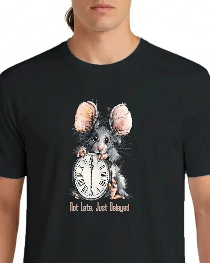 Hand-drawn black and white rat t-shirt β "Not Late, Just Delayed" Rat Tee β view 6