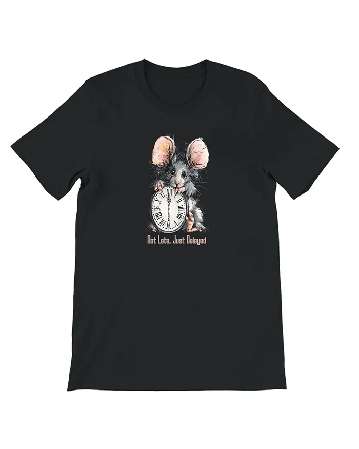 Hand-drawn black and white rat t-shirt β "Not Late, Just Delayed" Rat Tee β view 7