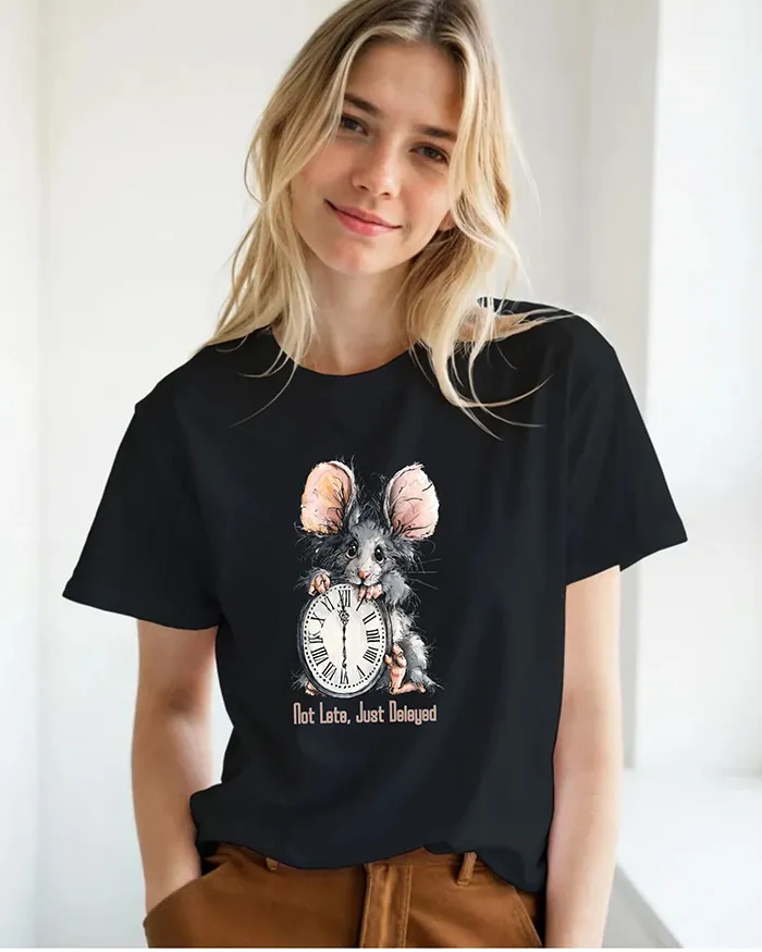 Hand-drawn black and white rat t-shirt β "Not Late, Just Delayed" Rat Tee β view 8