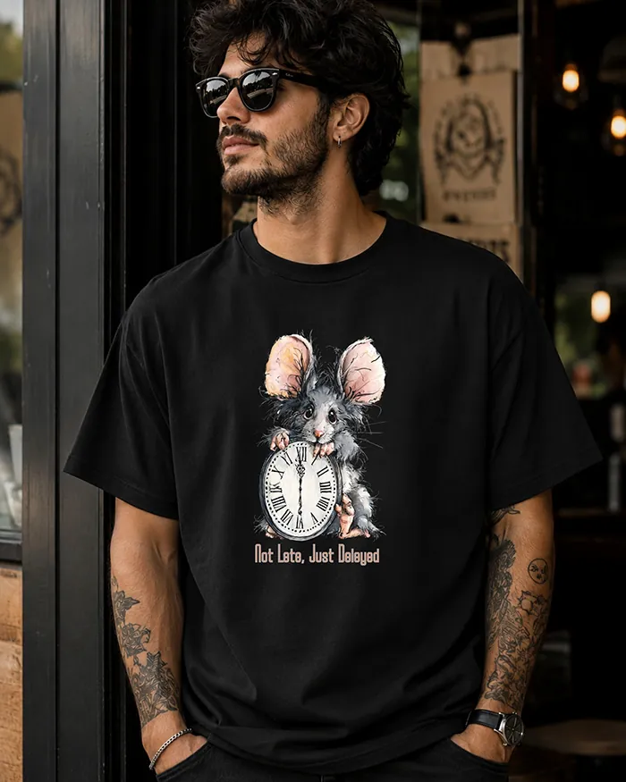 Hand-drawn black and white rat t-shirt β "Not Late, Just Delayed" Rat Tee β view 9