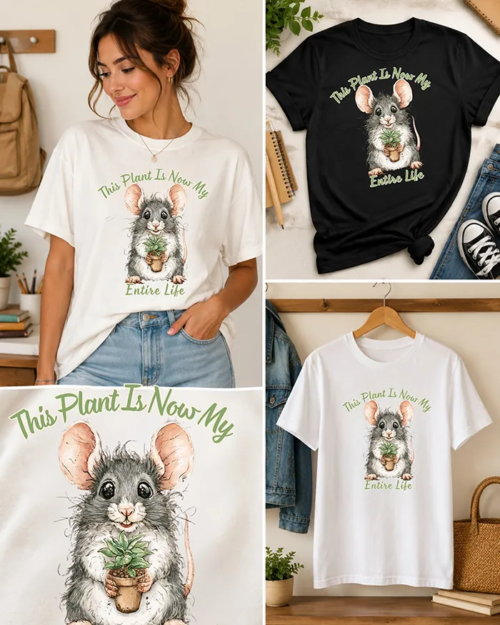 Hand-drawn black and white rat t-shirt β "This Plant Is Now My Entire Life" Rat Tee β Silly Rat Collection