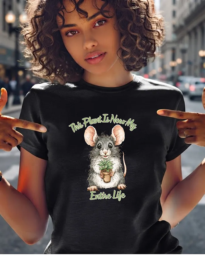 Hand-drawn black and white rat t-shirt β "This Plant Is Now My Entire Life" Rat Tee β view 2