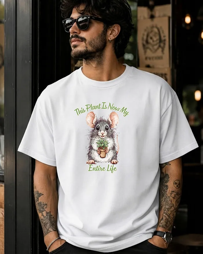 Hand-drawn black and white rat t-shirt β "This Plant Is Now My Entire Life" Rat Tee β view 4