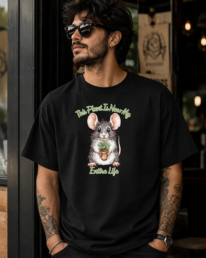 Hand-drawn black and white rat t-shirt β "This Plant Is Now My Entire Life" Rat Tee β view 5