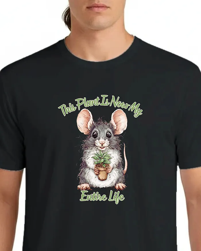 Hand-drawn black and white rat t-shirt β "This Plant Is Now My Entire Life" Rat Tee β view 8
