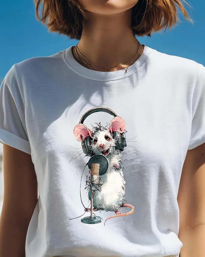 Hand-drawn black and white rat t-shirt — Podcast Host Rat Tee — view 3