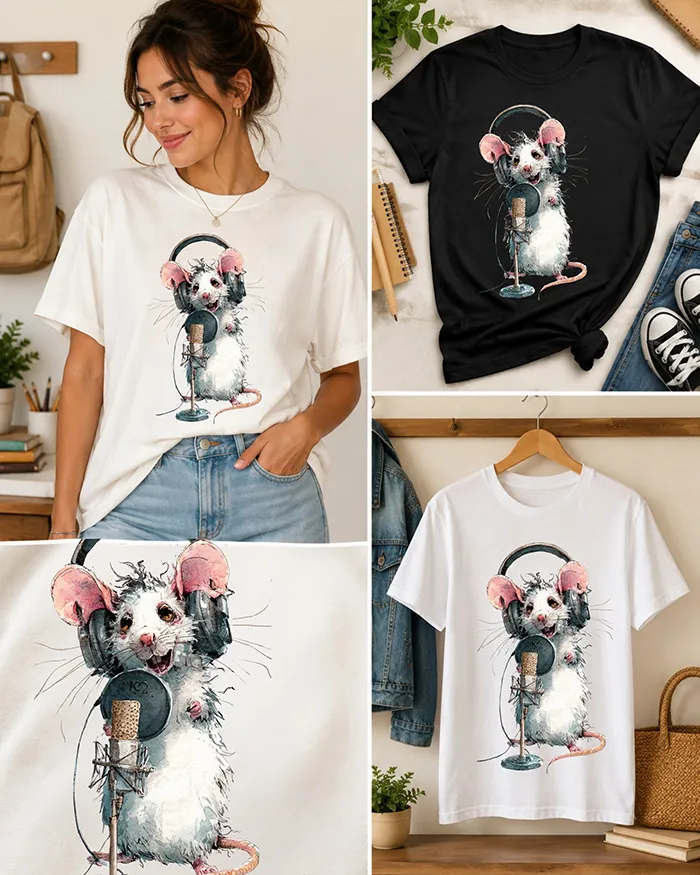Hand-drawn black and white rat t-shirt — Podcast Host Rat Tee — view 4
