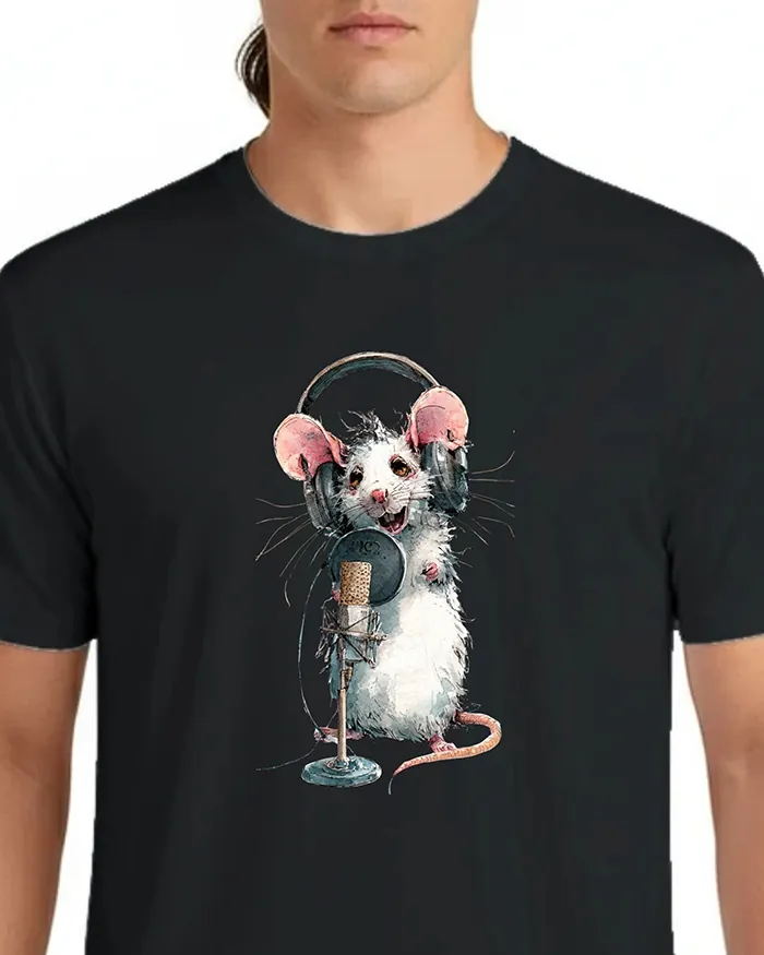 Hand-drawn black and white rat t-shirt — Podcast Host Rat Tee — view 6